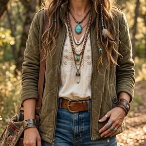 HABITAT Eco Friendly Olive Green Quilted Zip Up Jacket Artsy Lagenlook Boho Chic